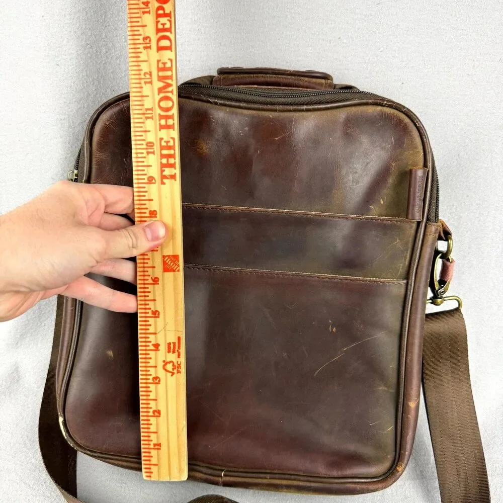 Brookstone Messenger Bag Mens Brown Leather Multi Pocket Detachable Crossbody